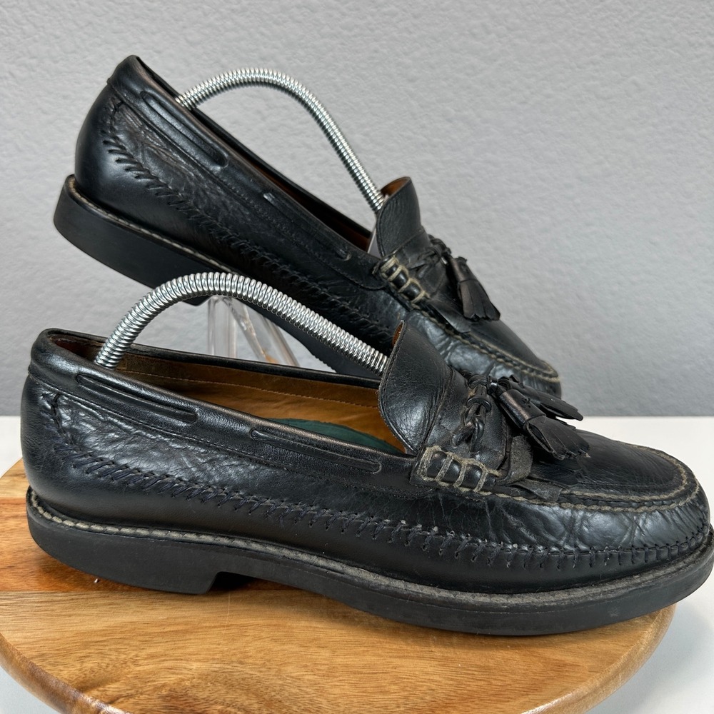 90s HS Trask Mens Black Leather Tassel Kiltie Loafers Moccasin Made Brazil VTG